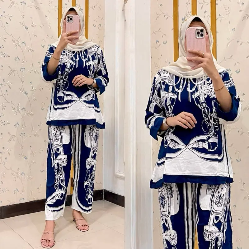 One set wanita kekinian salur kekinian layla rayon premium/Batik fashion/ dewasa Celana Panjang Setelan Wanita Formal Motif Nyaman 5