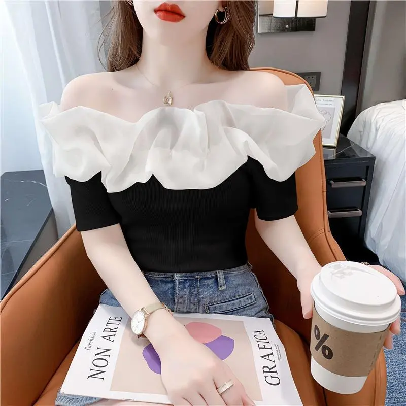 Áo Cánh Nữ, Phong Cách Hàn Quốc, Thiết Kế Mới, Tay Ngắn, Áo Phông Sang Trọng Mùa Hè Mới, Thiết Kế Đẹp, Độc Đáo Và Gợi Cảm, Xương Đòn Hở, Một Vai, 2024