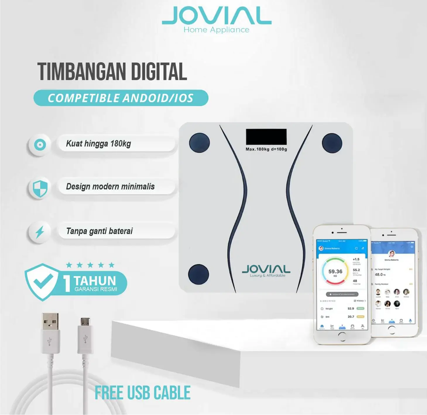 Jovial Timbangan Badan Digital Body Fat Monitor with App Smart Weight Scale Timbangan Badan Pintar Aplikasi
