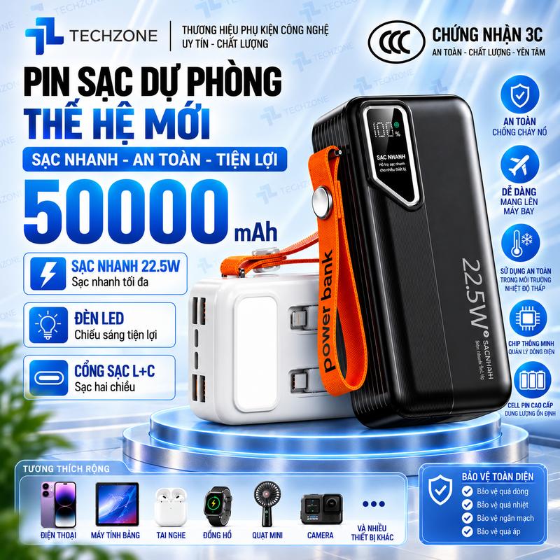 Sạc Dự Phòng 50000mAh Sạc Nhanh 22.5W Có Đèn Led Màn Hình Led , An Toàn Khi Sử Dụng