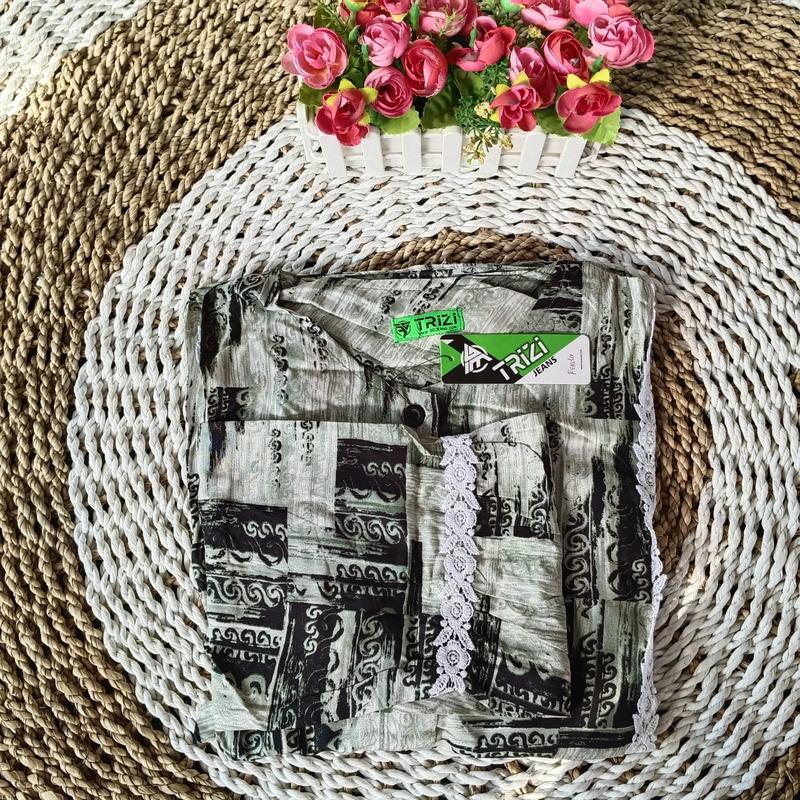 TRIZI COLLECTION - MIDI DRES RAYON VISCOSE MOTIF ABSTRAK MIX RENDA TERBARU TAHUN 2024/DRES WANITA KEKINIAN Muslim Nyaman Kancing Panjang Balon Karet 3