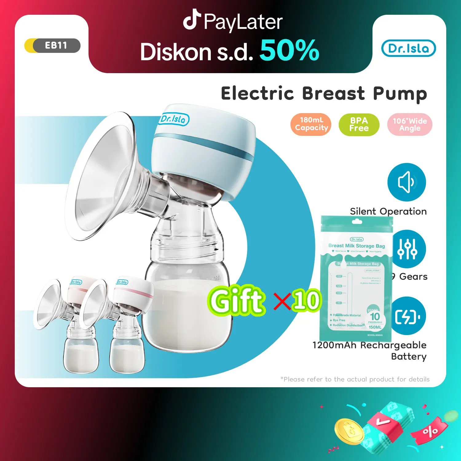 【Kantong ASI gratis】Dr.isla EB11 Pompa ASI Elektrik Tanpa Kabel, Pompa ASI Portabel Otomatis Sepenuhnya, Hisap Kuat, Tanpa Rasa Sakit, Pompa ASI Elektrik Tunggal untuk Bayi Baru Lahir, Dapat Diisi Ulang, Bebas BPA