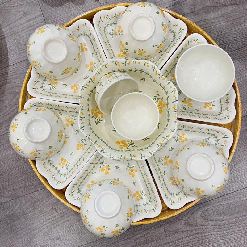  Bộ chén đĩa 15 món hoa mặt trời thắp hương 45 cm gốm sứ loại 1  hoa văn họa tiết Cúc Vàng cao cấp  sét chưa kèm khay  tặng kèm 6 thìa sứ trắng  