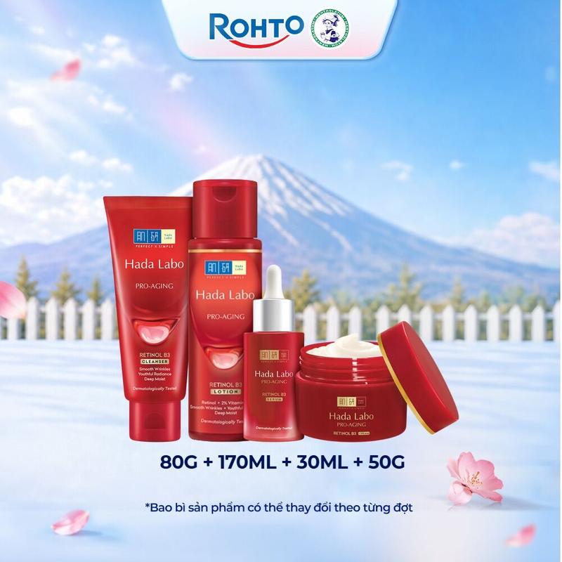 Bộ dưỡng da cải thiện lão hóa toàn diện Hada Labo Pro-Aging Retinol B3 (Sữa rửa mặt 80g + Lotion 170mL + Serum 30mL + Kem dưỡng 50g)
