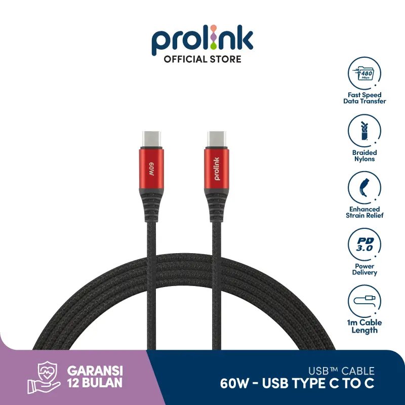 Prolink 60W 3A PD Fast Charging Cable USB Kabel Data Type C l 480Mbps l 1M l GCC6001