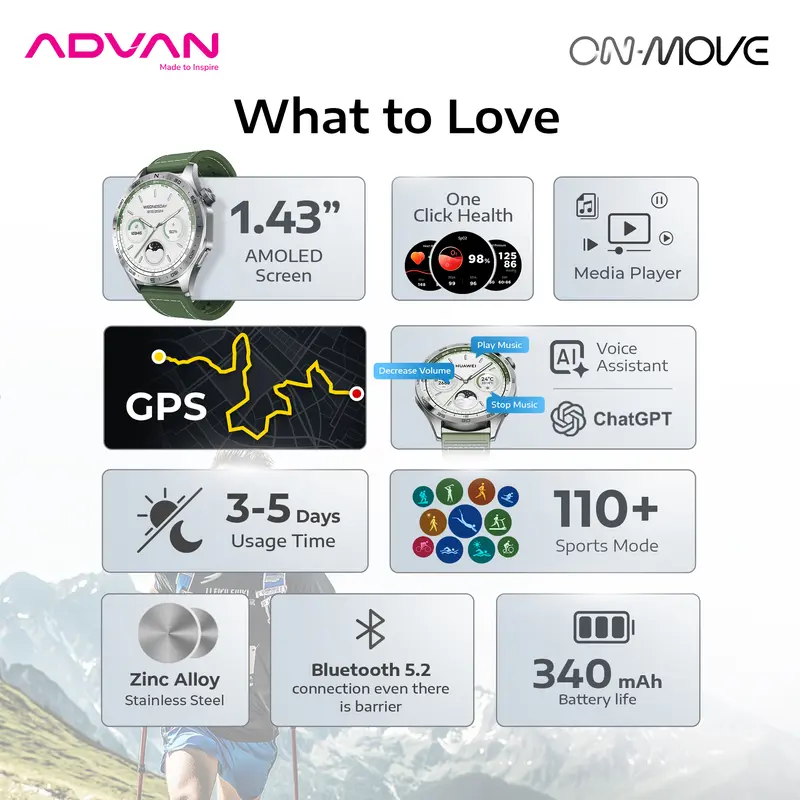 [Exclusive Riccie Nick] ADVAN Smartwatch On Move GPS AI ChatGPT Assistant Amoled 1.43" AOD Bluetooth Call Waterproof Tahan Air 5ATM Jam Tangan Pintar 1