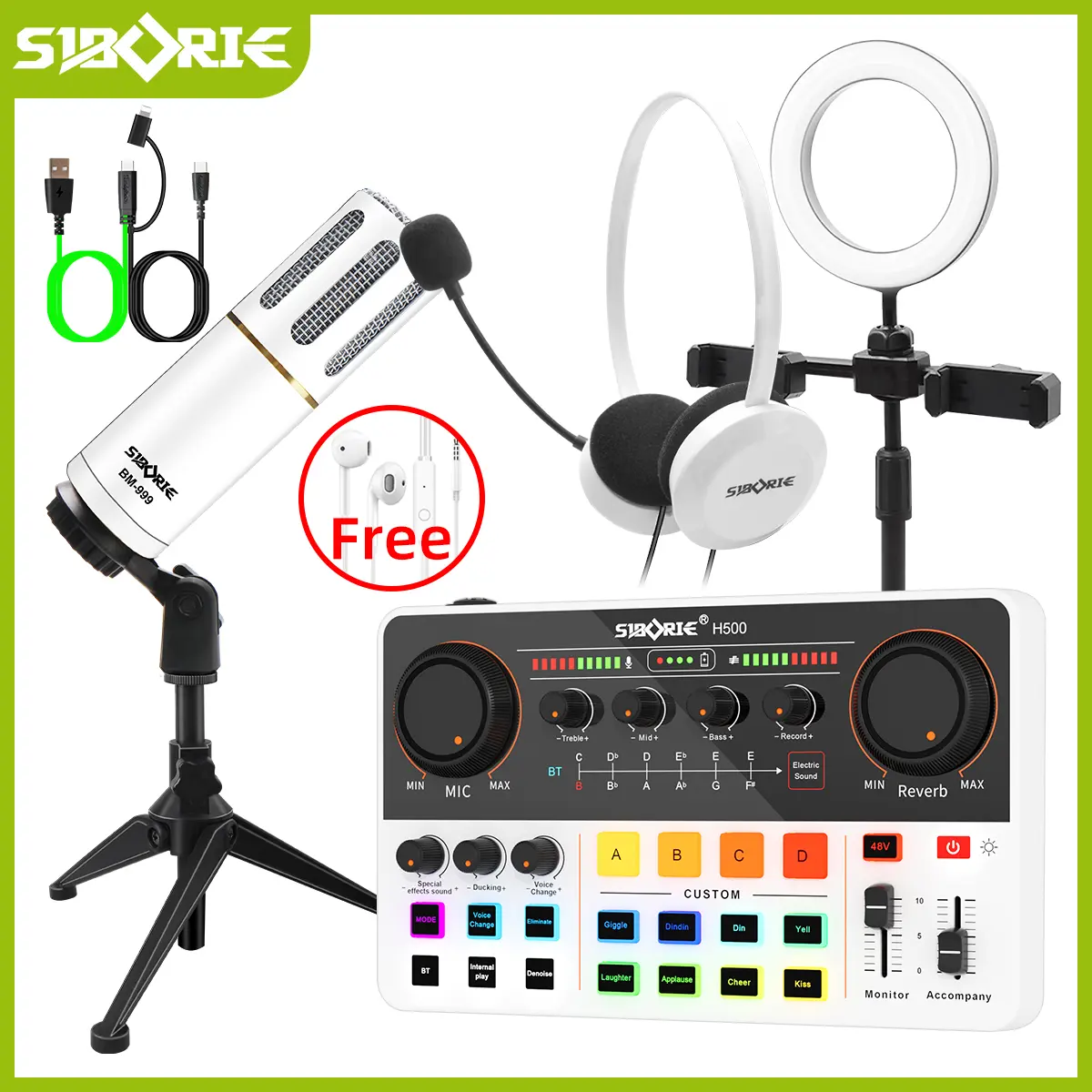Siborie【COD】Paket Lengkap H500 48V Sound Card+BM999 Mic+H1-A/W1 Headphone+Ring light+OTGPRO-2IN1 Pengiriman Cepat