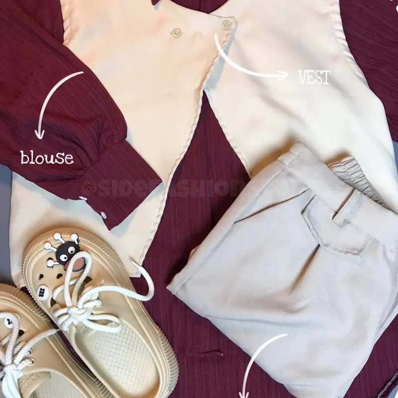 Ootd set Maroon cream setelan maroon 3 in 1 ( Blouse maroon + Vest cream + Baggy pants) 0