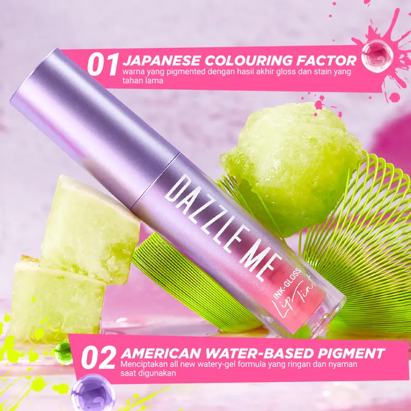 DAZZLE ME Ink-Gloss Lip Tint Watery Ink Gel Lip Tint Long Lasting Tahan 12 Jam Hydrating Glossy Finish 8