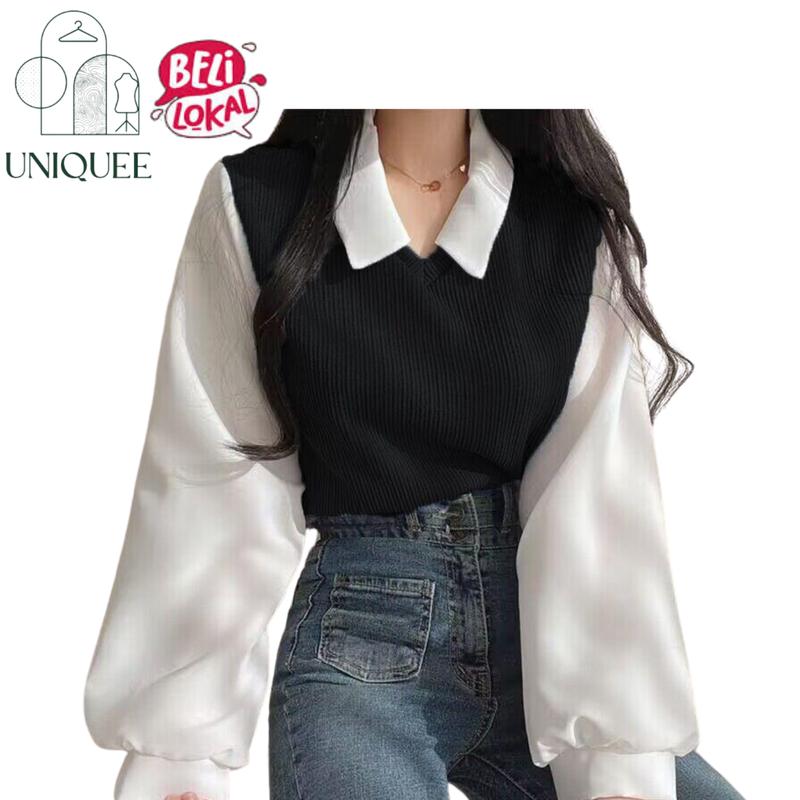 Uniqueestore BJ1567 Baju Atasan Lengan Panjang Kemeja Rajut Blouse Rib Knitwear Wanita Korean Vintage Style Top Casual Cewek Dewasa knit Basic 0