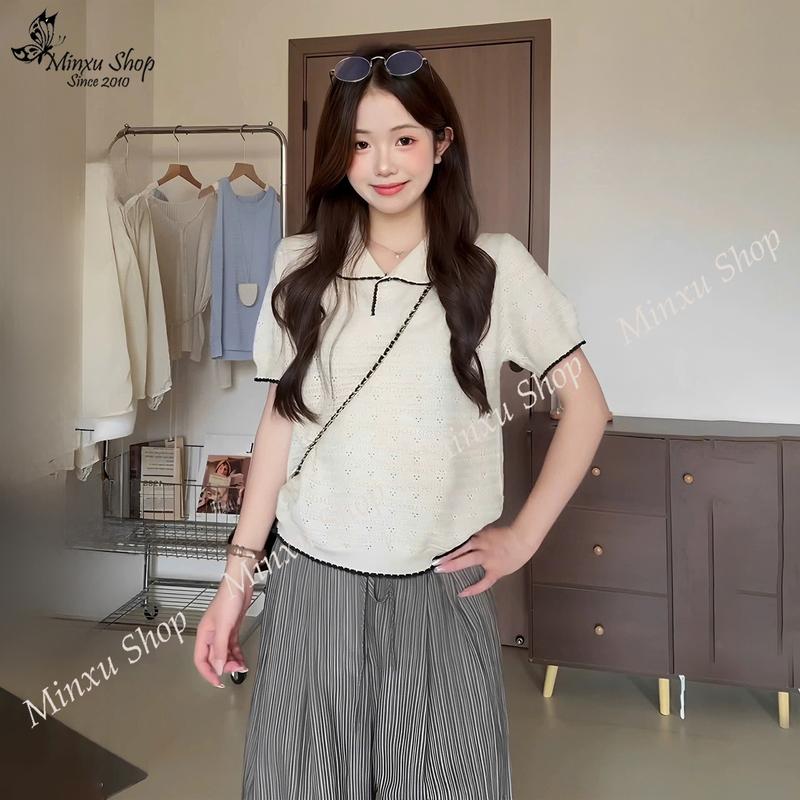 Áo Polo Len Nữ Cổ Sen Họa Tiết Sóng Nhẹ Phối Viền Hàng QC Minxu Shop POLO34