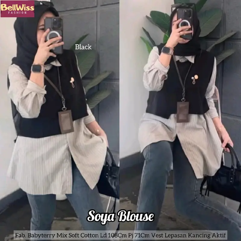 Soya Kemeja Blouse Set Inner Plus Vest Motif Garis Salur Tebal Premium 3