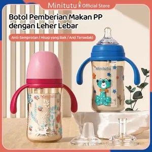Minitutu Botol susu bayi bahan PP 240ml/300ml dengan bola gravitasi dan Dot anti kolik untuk bayi usia 6 bulan ke atas Bebas BPA Minum Bottle Tumpah