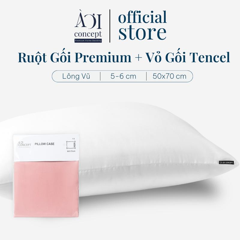 Ruột Gối Gòn Lông Vũ Premium 50x70cm & Vỏ Gối Lụa Tencel 60s AOICONCEPT - Êm Ái, Thoáng Khí, Giảm Đau Cổ Vai, Ngủ Ngon