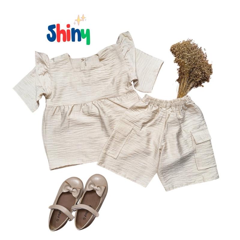 Shiny One set Setelan anak Polo Linen Lengan Ruffle 1