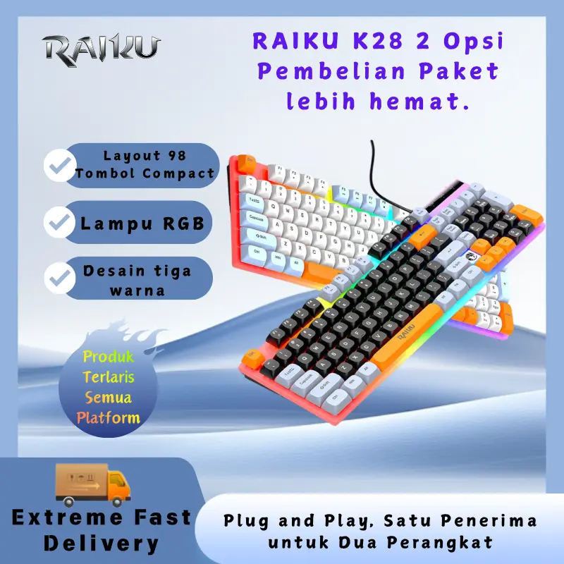 RAIKU K28 Keyboard Gaming  98 Tombol RGB Wired Mechanical Feel Cocok Main Game Point Blank PC Laptop Gaming & Kerja Kantor