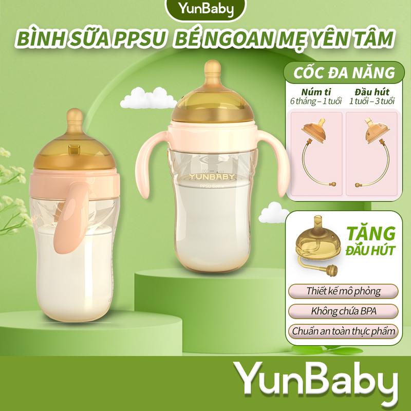 【GIẢM GIÁ SỐC cốc tập uống nước chống đầy hơi yunbaby - chất liệu ppsu an toàn, van thông khí, tiệt trùng nhiệt độ cao, dung tích 300ml, 2 trong 1: uống nước & làm bình sữa, kèm nhiều đầu thay thế