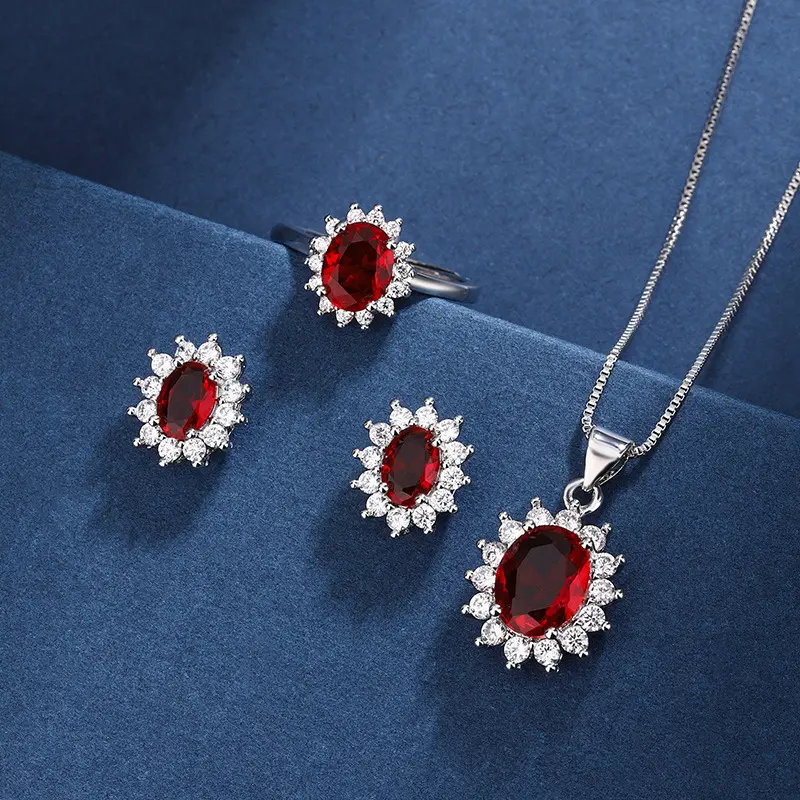 Blue Red Yellow Green Purple White Gemstone Zircon Princess Crown Necklace Set Rings Earrings Pendant for Women