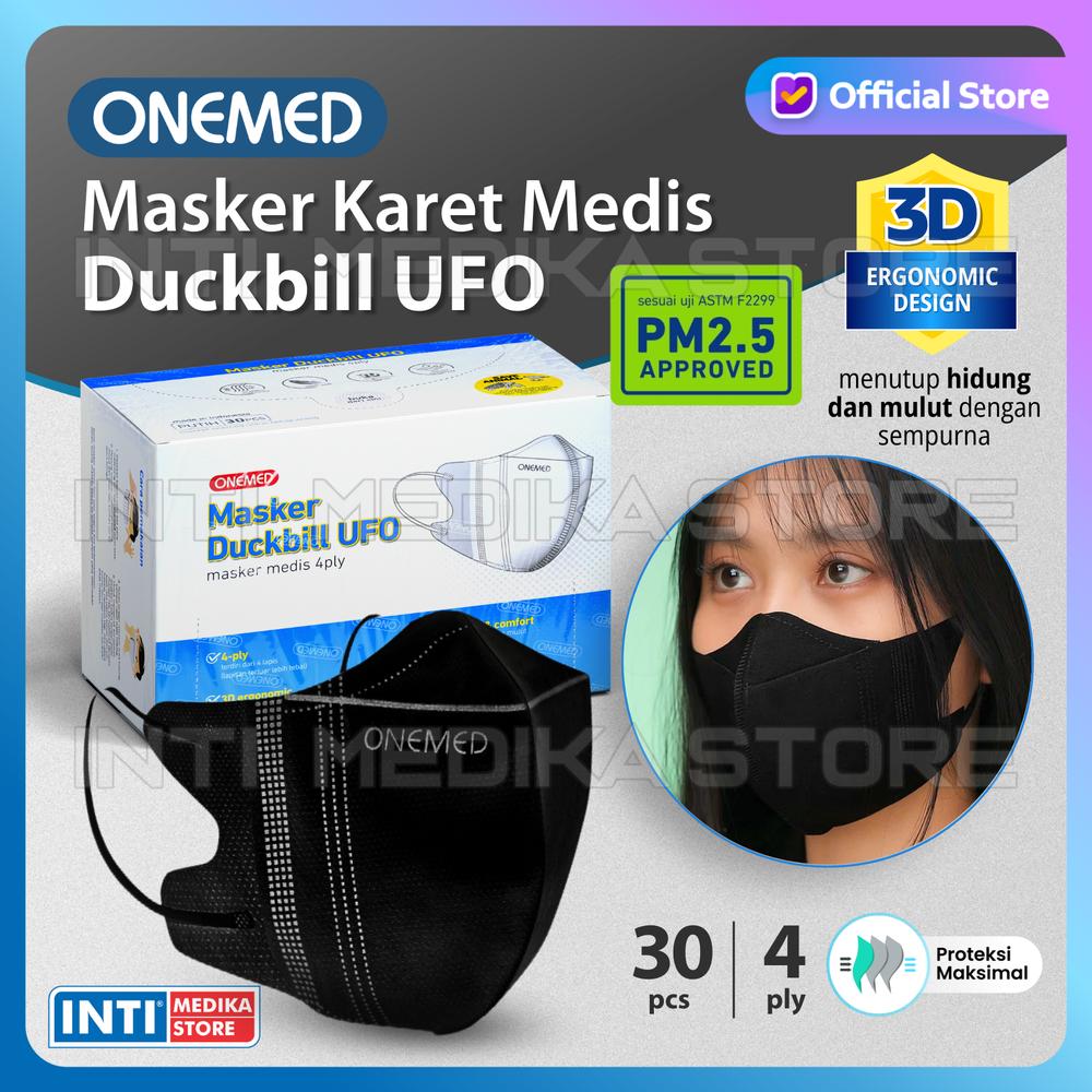ONEMED - Masker Duckbill UFO BLACK 4 Ply 3D Surgical Mask | Masker Karet Medis HITAM