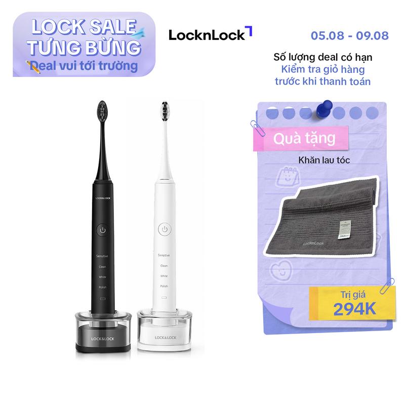 Bàn chải đánh răng điện LocknLock sạc không dây ENR346 (màu trắng & màu đen) - Bộ sạc không dây - 4 chế độ làm sạch  - tặng kèm hai đầu chải