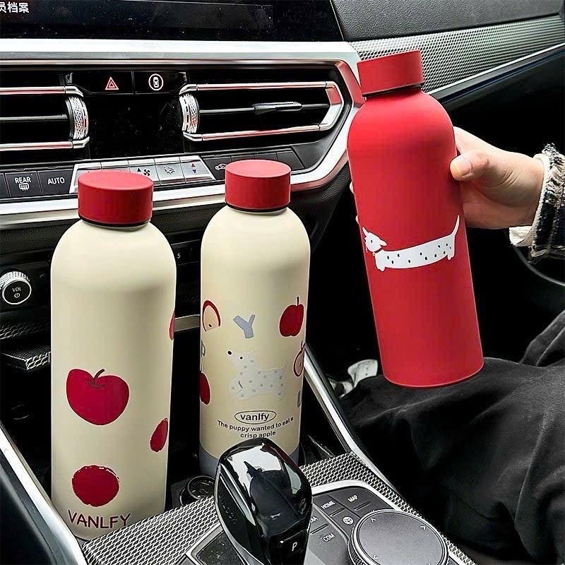  Bình Giữ Nhiệt Lạnh Hoạ Tiết Nơ - Cún Dung Tích 500ML Dáng Chai Nước Mang Đi Học Đi Làm   tặng Kèm Túi   