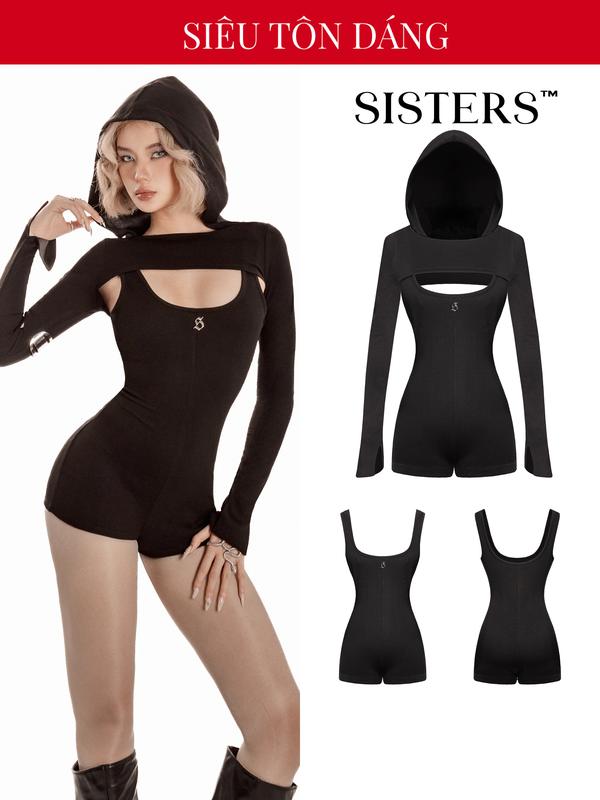 Jumpsuit nữ kèm áo khoác có mũ SISTERS màu đen dáng ngắn sát nách có áo khoác tay dài gợi cảm Beatrice SIS-CLUB | SS-J50