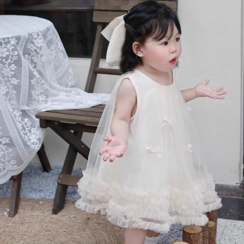 Váy đính nơ mini mặc mùa hè mát mẻ tiểu thư cho bé gái