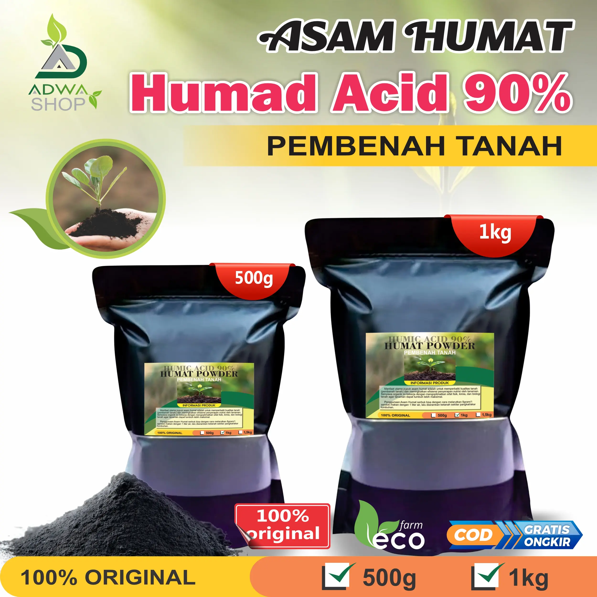 Asam Humat Humad Acid 90%  1kg Media Tanam Pembenah Tanah Rusak Original Cocok untuk Pengguna yang Membutuhkan Asam Humat