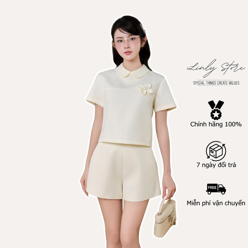 Áo kiểu nữ thiết kế cổ sen đính hoa, áo sơ mi tay cộc dáng lửng tiểu thư Linly Store A-KIE29