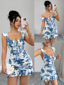 Vestido ajustado con estampado floral pequeño para mujer, estilo Y2K sin mangas, moda apta para todas las estaciones, perfecto para ocasiones casuales y uso diario