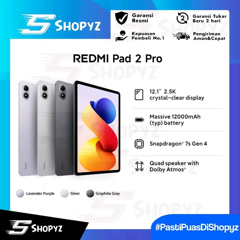 Xiaomi Redmi Pad 2 Pro | Layar 12.1″ 2.5K | Snapdragon 7s Gen 4 | Baterai 12000mAh | Quad Speaker Dolby Atmos | Garansi Resmi