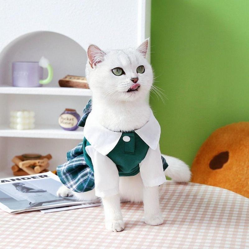FUZOU Couples Dress Preppy Style Polyester T Shirt Skirt Pet Costumes Soft Comfortable Blue Dog JK Dress For Puppy Cat Kitten 2