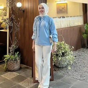 Pola Wear Keira Blouse Denim Wanita Korean Style Atasan Jeans Fitted Casual Baju Panjang