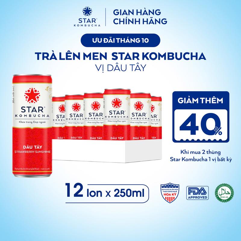Thùng 12 lon trà STAR KOMBUCHA Dâu Tây /Strawberry (250ml/lon)- Trà lên men vi sinh bảo vệ sức khỏe
