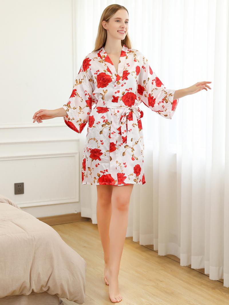 Product Introduction of Spring and Summer Flower Patterned Faux Silk Pajamas Women's Homewear Bathrobe Cardigan Sleeping Skirt 9