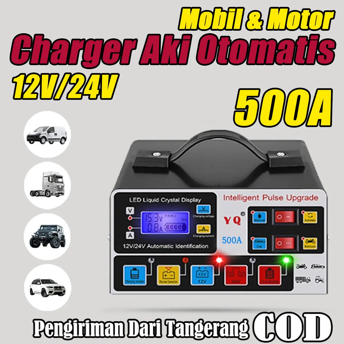 Charger Aki Mobil Motor 12V-24V 500A/ Charger Aki Otomatis Smart Intelligent Auto Repair Mobil Truk 500A/ Pengisi Daya Perbaikan Aki Mobil Truk/ Cas Accu Power Bank Aki Portable Smart Motor Truck 12V-24V