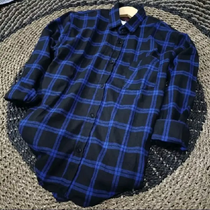 Kemeja flanel lengan panjang unisex kemeja flanel terlaris motif doble strip Atasan 2
