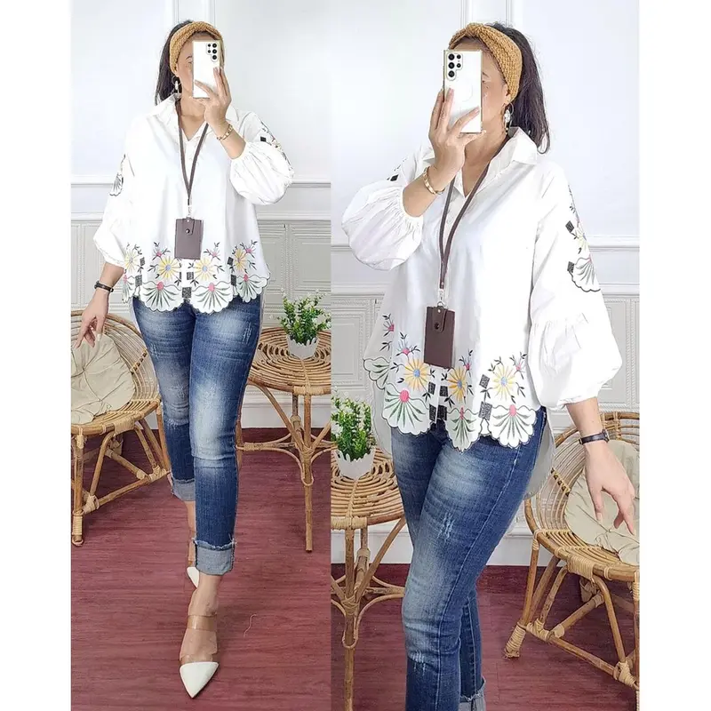 MUFASH - GLORIA BLOUSE Atasan Kemeja Wanita Bahan Katun Lengan Balon Motif Bordir by Mumu Fashion Solo 3