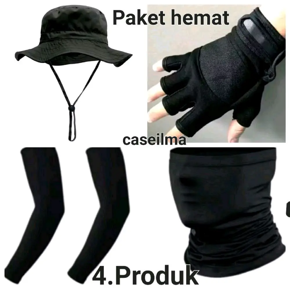 Paket Hemat Motoran 4 Produk Topi Rimba+Masker Baff+Manset Lengan+Sarung Tangan Emen Setengah Jari