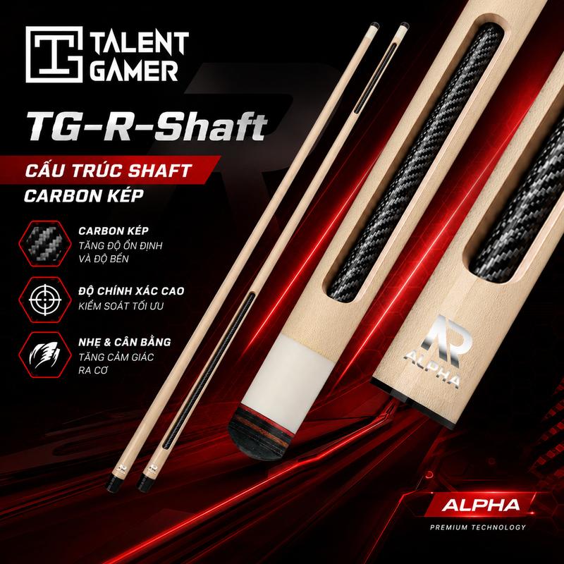 TALENT GAMER CUE Ngọn cơ bida TG, lõi sợi carbon kép, sợi carbon thật, ngọn gỗ phong (maple) cao cấp loại 3A.