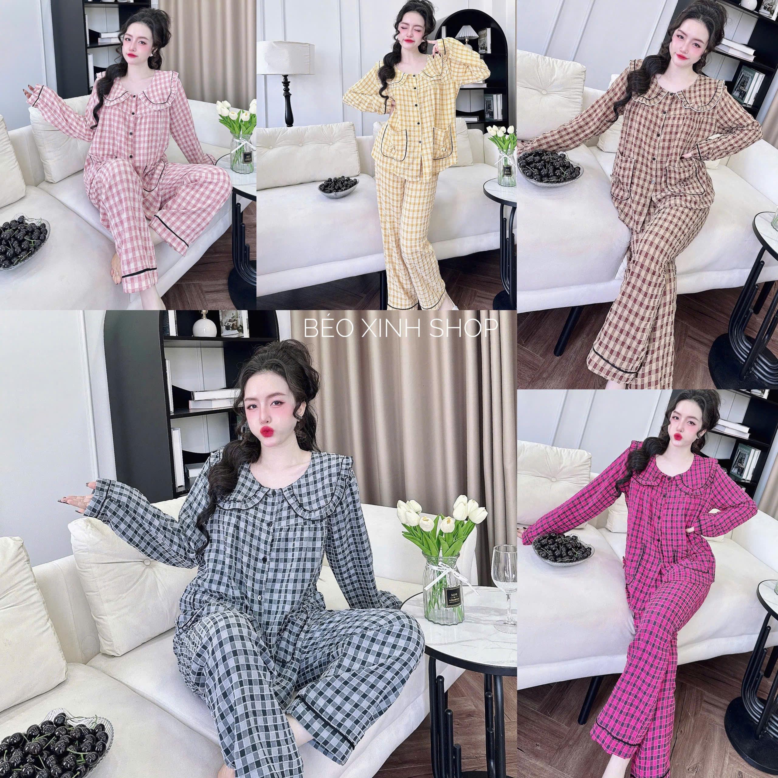 Đồ Bộ - Đồ Ngủ Tay Dài Quần Dài Vải Xốp Cotton Caro Pijama Bigsize 50-100kg Bộ Ngủ Nữ Áo Ngủ Women Quần Ngủ - A.5637
