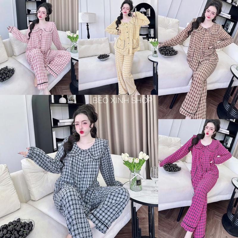  Đồ Bộ - Đồ Ngủ Tay Dài Quần Dài Vải Xốp Cotton Caro Pijama Bigsize 50-100kg Bộ Ngủ Nữ Áo Ngủ Women Quần Ngủ - A.5637 