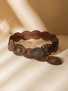 Cinturón de mujer estilo boho punk vintage con rejilla y forma ovalada, ajustable en talla grande, perfecto para jeans y vestidos, ideal para uso diario y vacaciones, cinturones vaqueros con remaches, Cinturones Western Concho