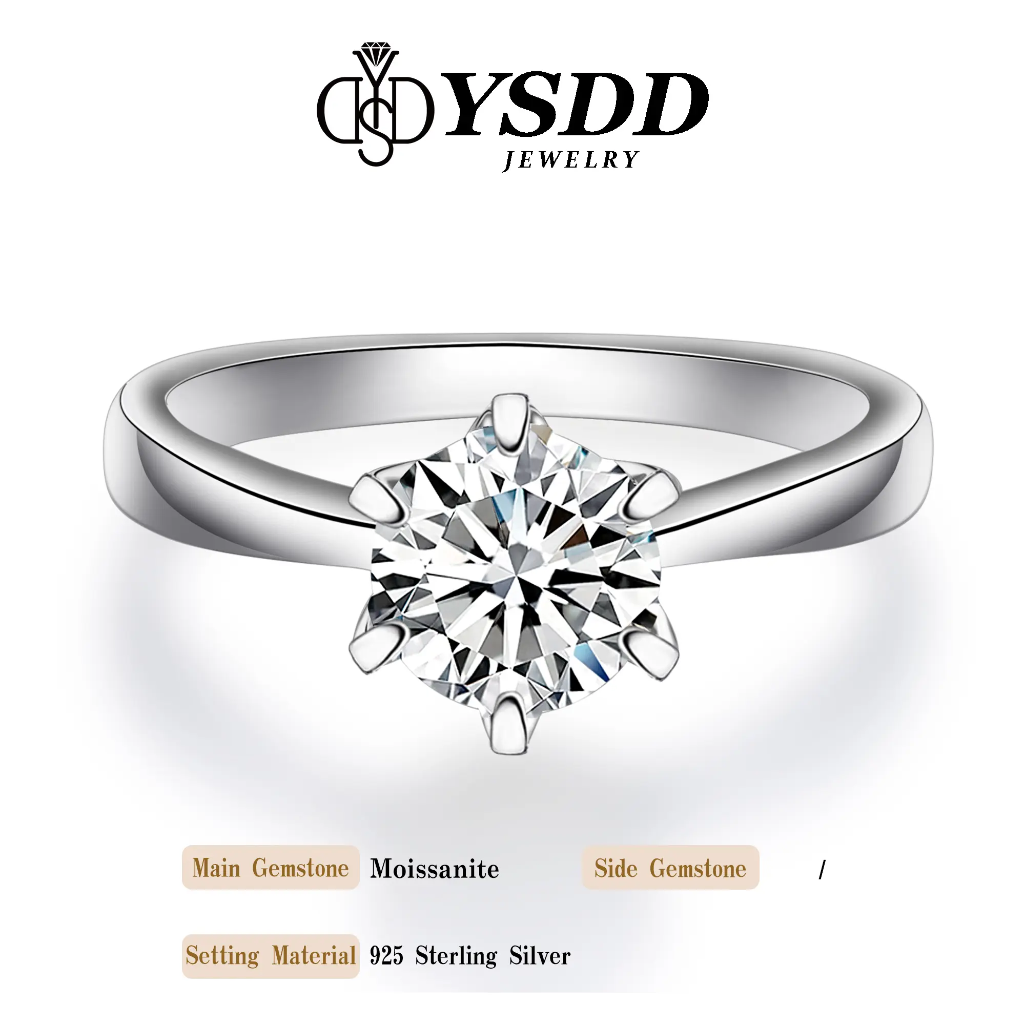 【#48 Classic】Tapered-band Six-prong Moissanite Ring in 925 Sterling Silver 0.5-3Carat