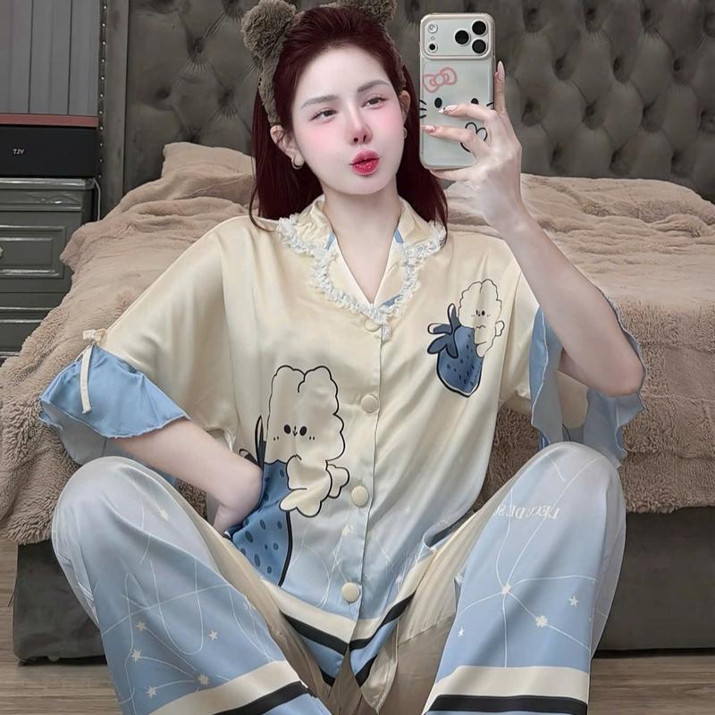 Size 40-60kg- Bộ Ngủ Lụa Latin Tơ Tằm Nút Bọc Cao Cấp Tay Lỡ Cánh Dơi Queen TNQD Mềm Mát Mặc Nhà Cao Cấp Pijama Mặc Nhà Nữ Women Voi Quần Ngủ Sen Voan