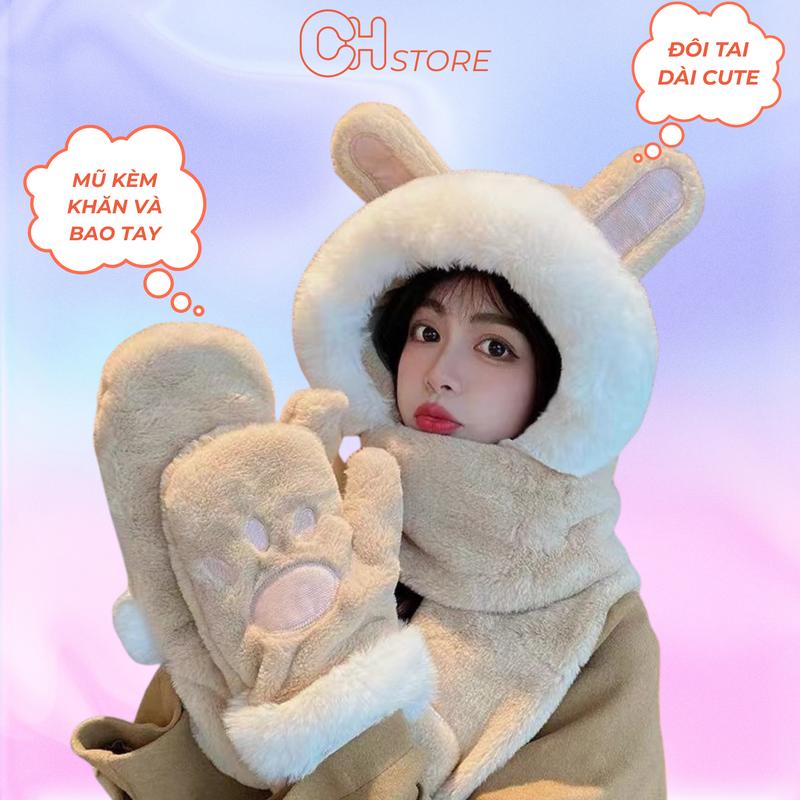 Mũ Nón Len lông kèm khăn 3in1 hình gấu mũ ấm mùa đông đáng yêu có chỗ để tay Women Hat
