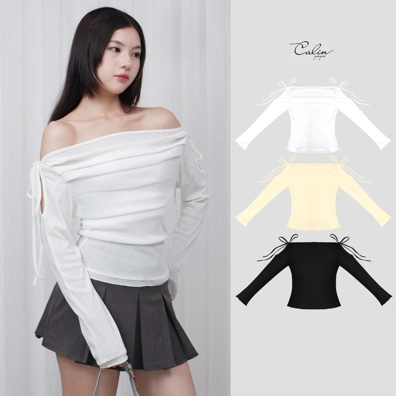  Vanie Top -  Mở bán  Kèm Áo Quây - Áo thun tay dài trễ vai mặc nhiều kiểu vải thun giấy cao cấp thiết kế xếp ly dễ thương cho Nữ 