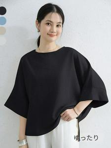 コットンリネン 半袖Tシャツ、パッチワークの袖、ルーズフィット、細見え無地トップス、シンプルなラウンドネック、新作
