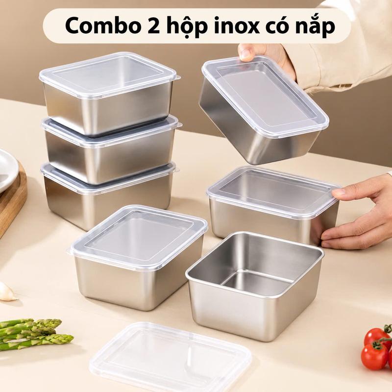 Combo 2 Hộp đựng inox có nắp đậy kín nhỏ gọn - hình chữ nhật