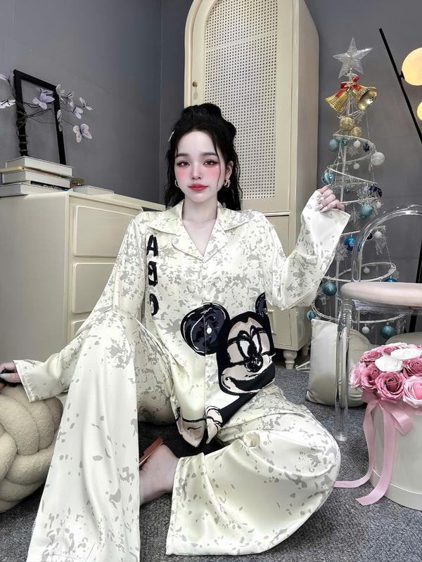 Đồ Bộ Pijama Nữ Lụa Latin Tơ Tằm Thoáng Mát Tay Ngắn Và Tay Dài Quần Dài Họa Tiết Chuột Loang Hồng Size 45-60kg và 61-75kg Có Bigsize Nhung Women
